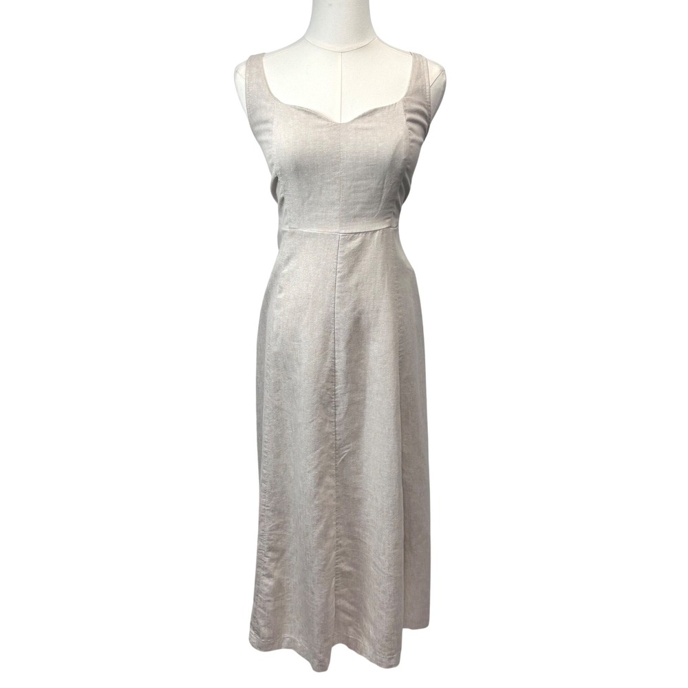 Old Navy Linen Maxi Dress Flax Smocked Back Pockets Neutral Beige Sz M